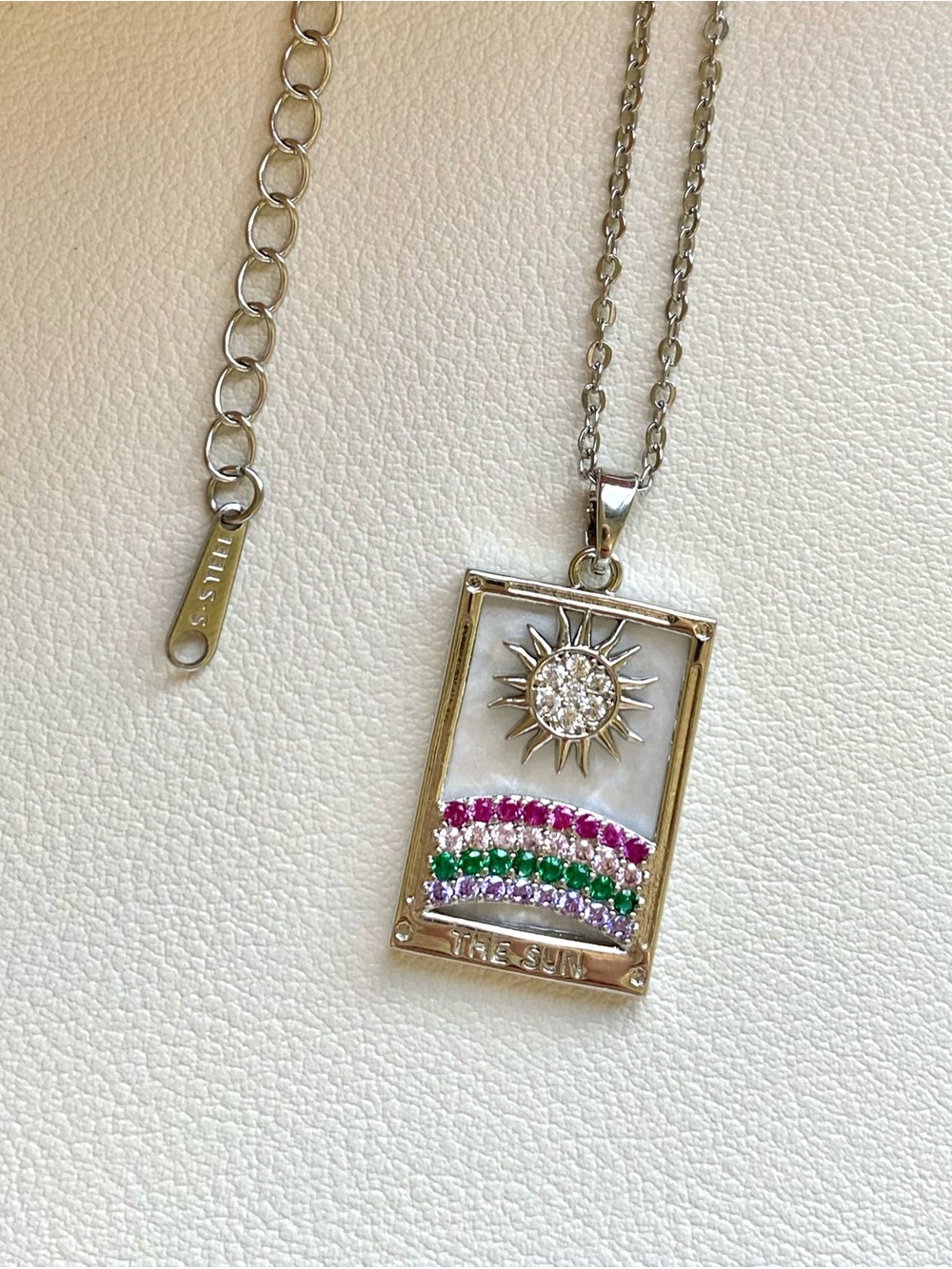 Silver 'The Sun' Pendant Necklace with Pink and Green Gem Accents